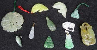 CHINESE & OTHER JADE PENDANTS & ORNAMENTAL WARE, 10 ITEMS - including fish, seated buddhas, one