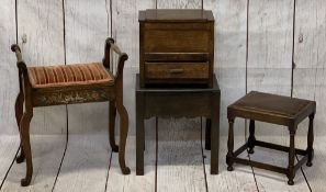 VINTAGE STOOLS (3) and a lidded oak box with lower drawer, 32cms H, 36cms W, 21.5cms D