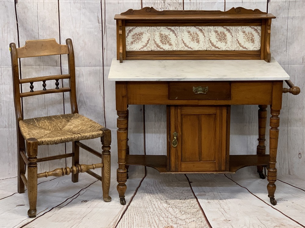 EDWARDIAN SATINWOOD TILE BACK WASHSTAND with white marble top, 102cms H overall, 96cms W maximum,