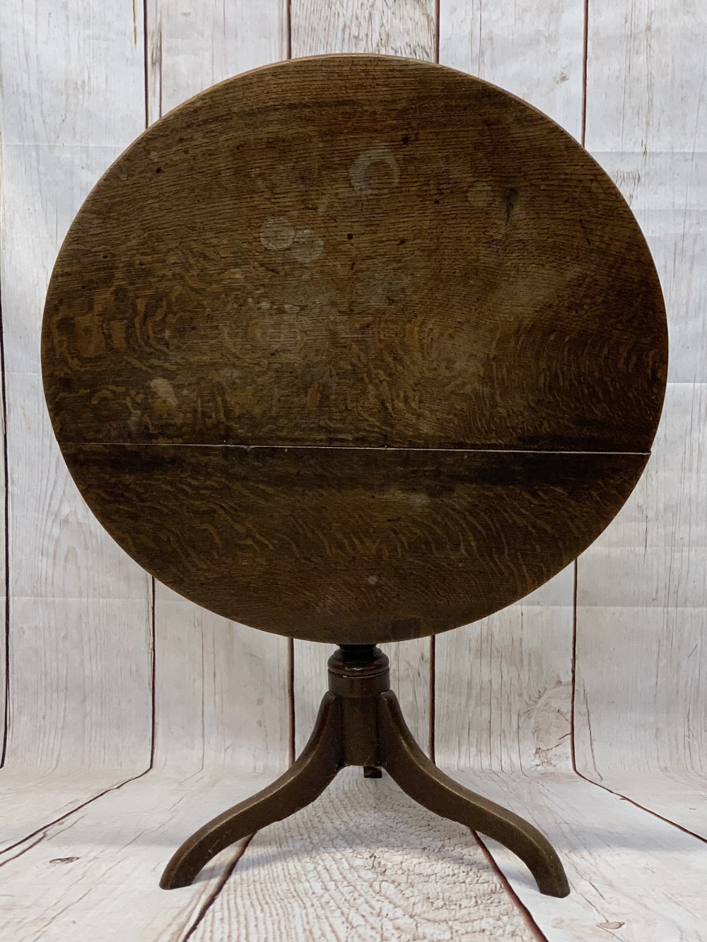 ANTIQUE OAK TILT TOP TRIPOD TABLE, the 82.5cms diameter top on a turned column base with three - Image 2 of 3