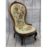 VICTORIAN SPOON BACK SALON CHAIR, carved walnut with floral tapestry style upholstery on white pot