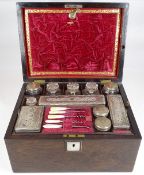 VICTORIAN ROSEWOOD VANITY TRAVEL CASE & CONTENTS to include various stopper top bottles and white