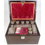 VICTORIAN ROSEWOOD VANITY TRAVEL CASE & CONTENTS to include various stopper top bottles and white