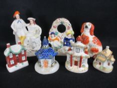 STAFFORDSHIRE POTTERY FLATBACKS, pastille burners and a single red and white seated spaniel