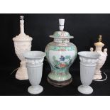 CHINESE POTTERY VASE LAMP, two embossed lamps and a pair of sprig decorated Wedgwood vases, 27cms H