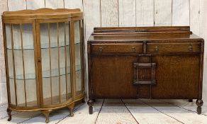 VINTAGE OAK RAILBACK SIDEBOARD, 102cms H, 134cms W, 49cms D and a shaped china display cabinet