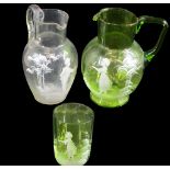 MARY GREGORY STYLE DECORATED GLASSWARE (3) to include a green glass jug, 16cms H, clear glass jug,