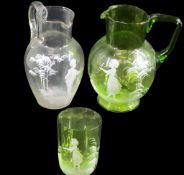 MARY GREGORY STYLE DECORATED GLASSWARE (3) to include a green glass jug, 16cms H, clear glass jug,