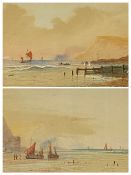 J C JONAS watercolours, a pair - coastal scenes with figures and boats, 17 x 34cms and SIR WILLIAM