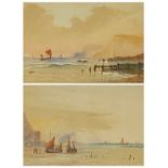 J C JONAS watercolours, a pair - coastal scenes with figures and boats, 17 x 34cms and SIR WILLIAM