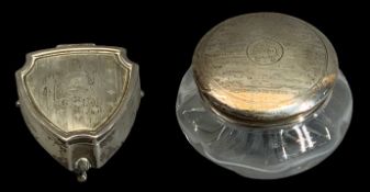 SHIELD SHAPE SILVER RING BOX and a silver lidded glass dressing table pot, Birmingham 1921, maker