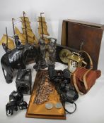 EBONY ELEPHANTS, carved hardwood figurines, binoculars, vintage clocks, ETC