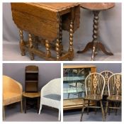 OAK BARLEY TWIST GATELEG TABLE with piecrust edge and a circular top tripod table with barley