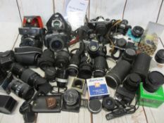 SLR CAMERA & LENS COLLECTION - makers include Nikon, Pentax, Fujifilm, Cannon, Zorki and Praktica,