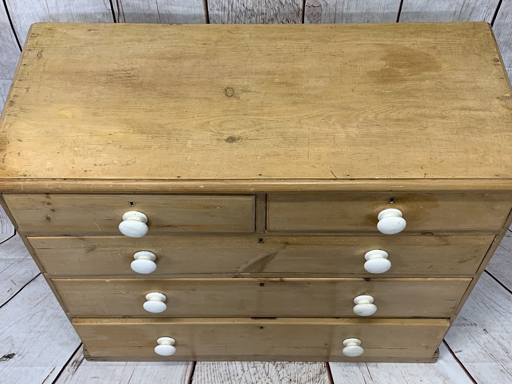 VICTORIAN STRIPPED PINE CHEST of two short over three long drawers with white porcelain knobs, on - Image 4 of 6