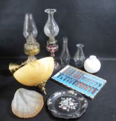 VINTAGE OIL LAMPS (2), alabaster type ceiling light fitting, papier mache tray and other items of