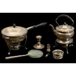 SPIRIT KETTLE ON STAND, Spirit food warmer on stand, large magnifying glass with silver handle and