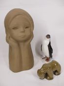 TEKT ART OF ESTONIA - pottery bust of a girl, 27cms H, along with a Spanish porcelain penguin and