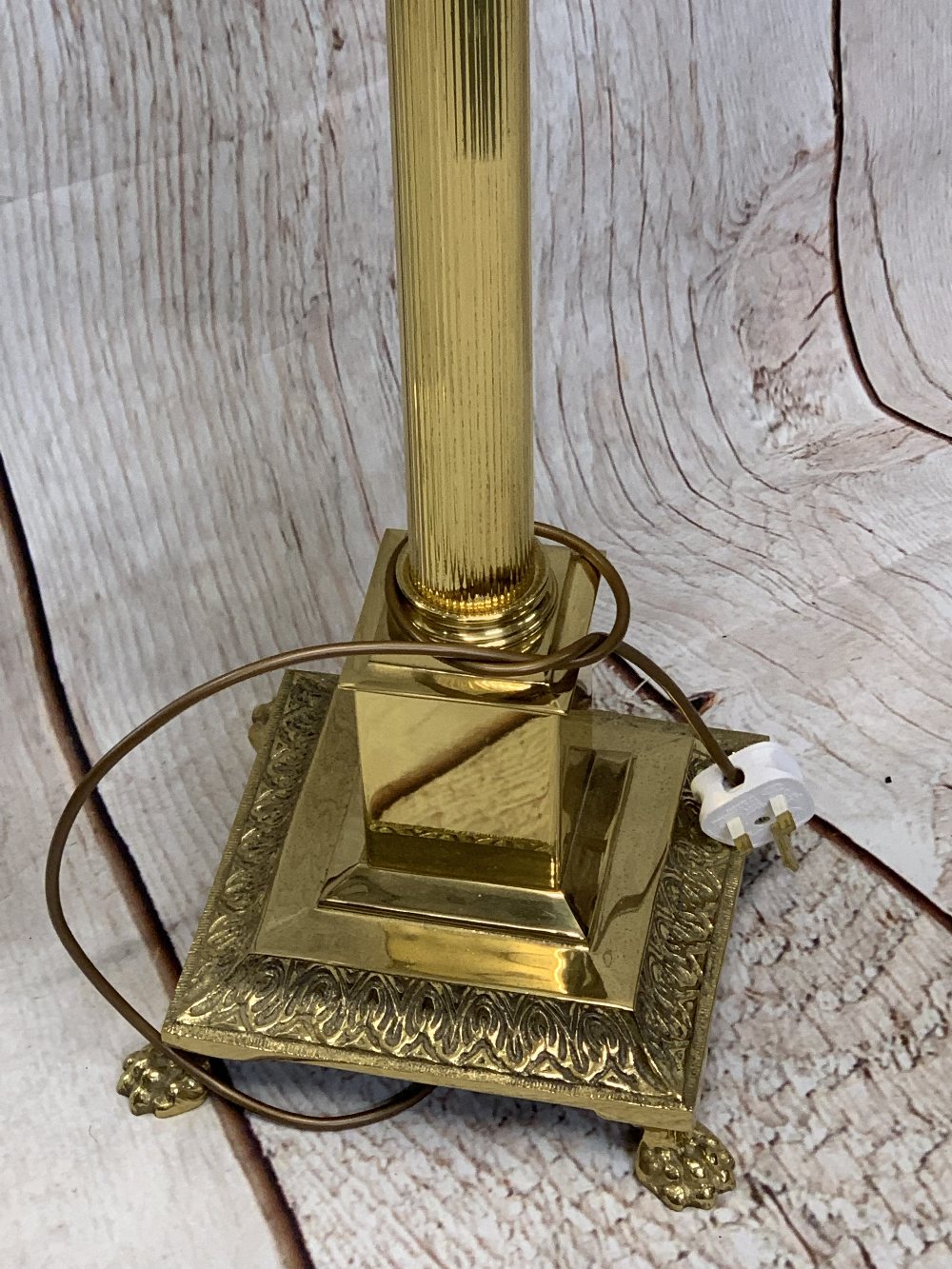 ANTIQUE STYLE CORINTHIAN CAP BRASS STANDARD LAMP WITH SHADE and a gilt framed modern wall mirror, - Image 3 of 4