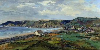 ROWENA WYN JONES oil on board - coastal village scene, possibly North Anglesey, signed, 39 x 75cms