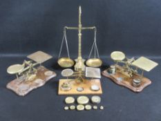 ANTIQUE SETS OF SCALES (4) including three brass and wooden based countertop examples and a set of