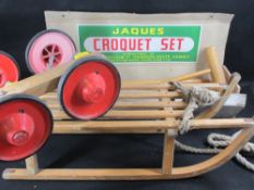 VINTAGE & LATER TOYS & GAMES to include a Jaques croquet set, child's sledge and a stand-on pedal