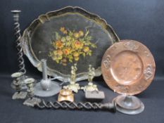 MIXED METALWARE COLLECTABLES and a papier mache tray, to include an Art Nouveau embossed copper
