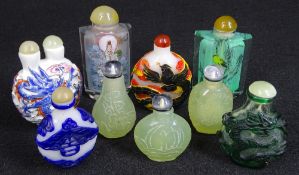 CHINESE OPIUM BOTTLES (9) - one being in porcelain with double top and dragon decoration in