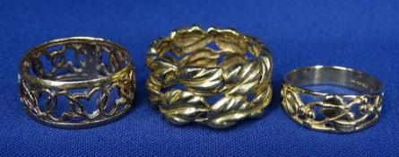 OPENWORK 9CT GOLD RINGS (3) - 9grms gross to include a continuous leaf pattern example, size P,