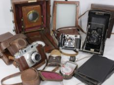 VINTAGE CAMERAS & EQUIPMENT - to include a mahogany part plate camera lens marked 'The 1893