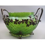 LOETZ STYLE CRACKLE GLASS BOWL - mounted in a bronze support of typical Art Nouveau design with