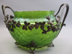 LOETZ STYLE CRACKLE GLASS BOWL - mounted in a bronze support of typical Art Nouveau design with