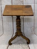 ANTIQUE OAK SQUARE TILT TOP TRIPOD TABLE on a bulbous turned column and three curled splayed feet,