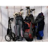 GOLFING INTEREST - two mixed quantities of golf clubs in carry bags, fold-up trolley, a further