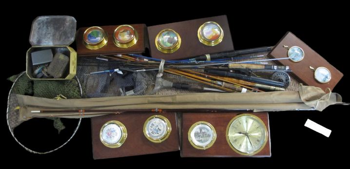 FISHING INTEREST COLLECTABLES to include two landing nets, fly/spinning rod in a Williams & Co