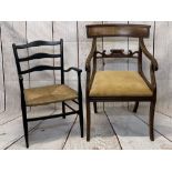GEORGE III MAHOGANY ELBOW CHAIR & ONE OTHER - having ebonised finish with short ladderback and