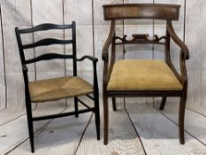 GEORGE III MAHOGANY ELBOW CHAIR & ONE OTHER - having ebonised finish with short ladderback and