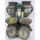 VINTAGE TIN LANTERN LAMPS, IKEA modern example, two gilt metal candle stands and two large alarm