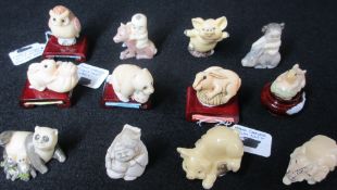 VARIOUS COMPOSITION CARVED & CAST ANIMAL FIGURINES and a small Netsuke of a seated fisherman, the