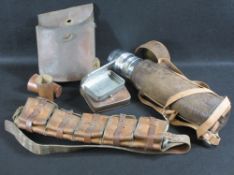 HUNTSMAN'S/RAILWAYMAN'S LEATHER GOODS to include a flask carrier, two pouches, one having interior