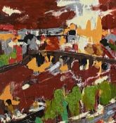 BOWEN acrylic - abstract impression of part of the Thames of Westminster, signed Bowen, 29.5 x 29.