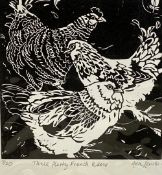 ANN LEWIS limited edition (9/20) linocut - '3 flirty French hens', signed and entitled, 14 x