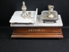 W & T AVERY LTD OAK, MARBLE & POTTERY SHOP SCALES with a quantity of bell weights, 25cms H, 52cms L,