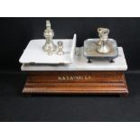 W & T AVERY LTD OAK, MARBLE & POTTERY SHOP SCALES with a quantity of bell weights, 25cms H, 52cms L,