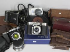 VINTAGE & LATER CAMERAS & ACCESSORIES to include a red Kodak Brownie No 2, Balda Gloria folding