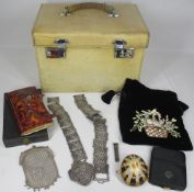 PIG SKIN VANITY CASE & CONTENTS to include a silver inlaid tortoise shell covered book titled '