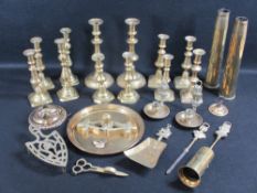 VINTAGE & LATER BRASSWARE to include circular based and other Victorian candlesticks, two brass