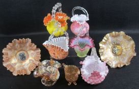 COLOURFUL VINTAGE GLASS BASKETS (5) and four items of marigold carnival glass