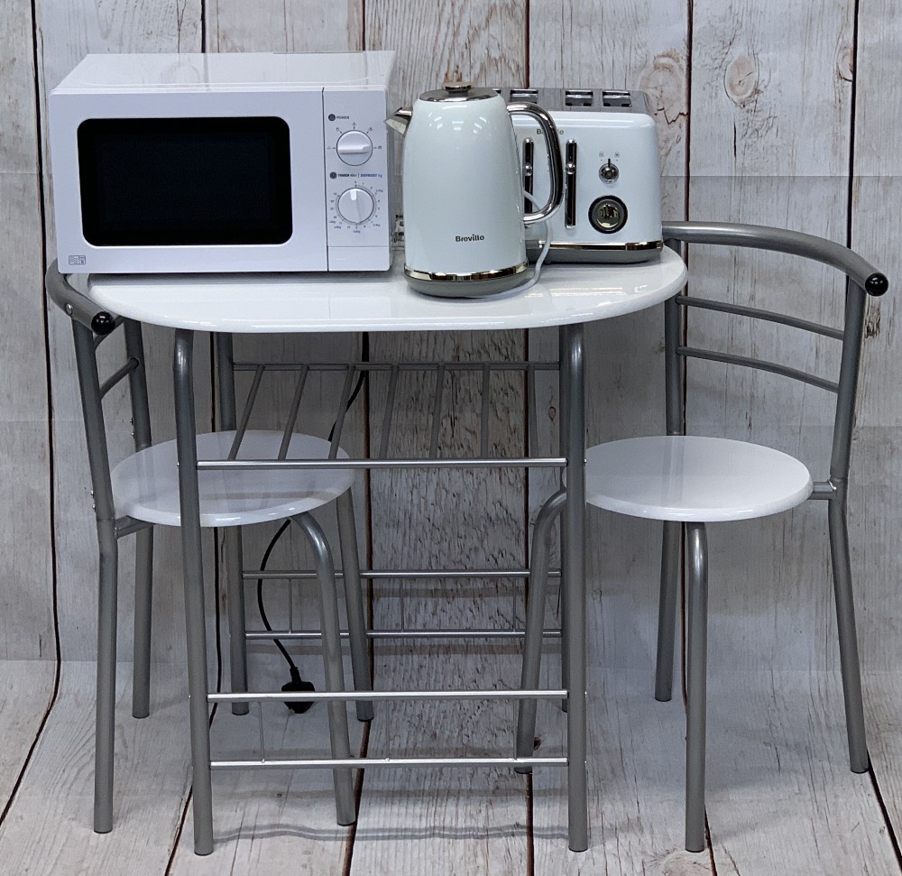 BISTRO METAL FRAMED TABLE & TWO CHAIRS SET with three ultra-modern kitchen electricals to include