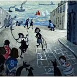 NICK HOLLY acrylic/mixed media - street scene with children and animals skipping etc and with